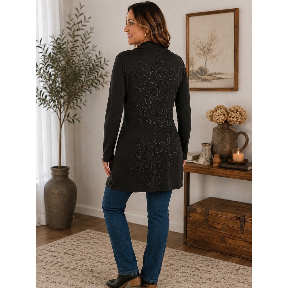 Chico's Travelers Black Embroidered Open Front Cardigan Jacket Size 0 S Slinky